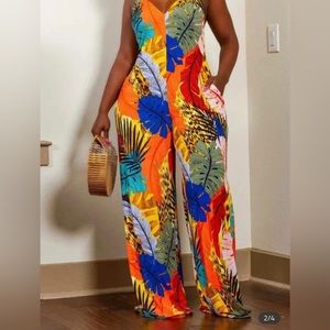 Printed Tropical Backless Halter Wide Leg Jumpsuit